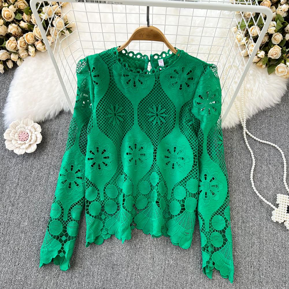 

Женская новая мода с круглым вырезом и цветочной вышивкой, водорастворимая кружевная рубашка, винтажная дворцовая рубашка с длинным рукавом, шикарные топы, блузки