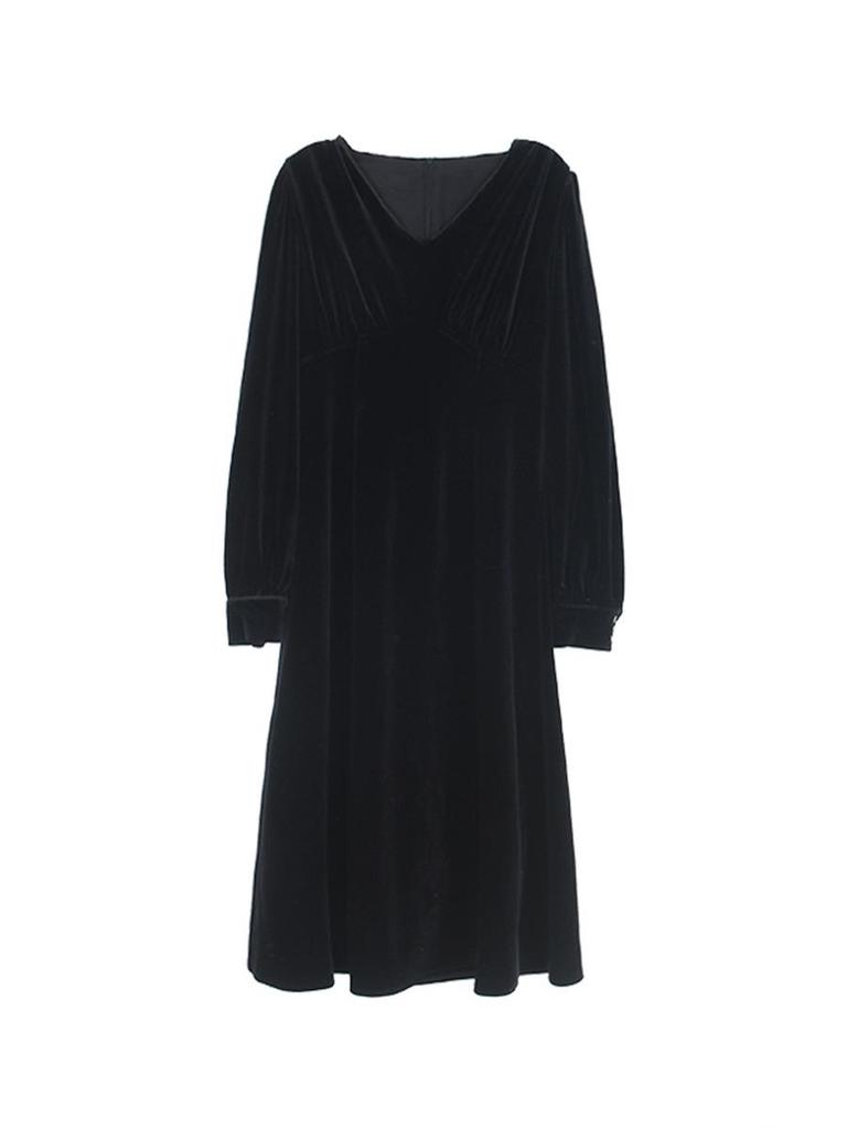 Ge Ming Velvet V-Neck Waist-Cinching Long-Sleeve Winter Dress, Style YH4748F.