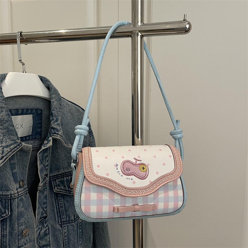 Cute Apple Plaid Patchwork Pu Shoulder Bags for Women Ctrast Color Sweet Bow Ladies Crossbody Bag Portable Girls Handbags