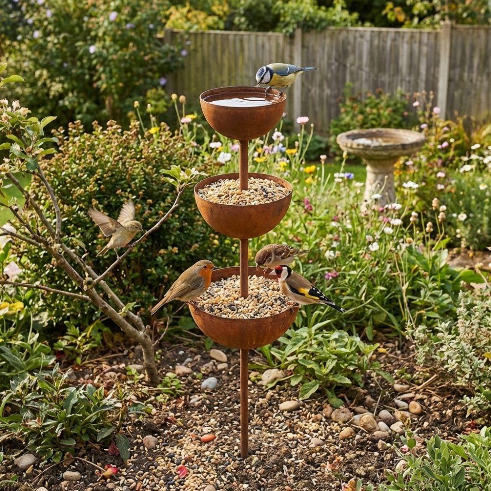 3-Tier Bowl Bird Water Dispenser Vintage Iron Garden Rain Catcher Courtyard Decor