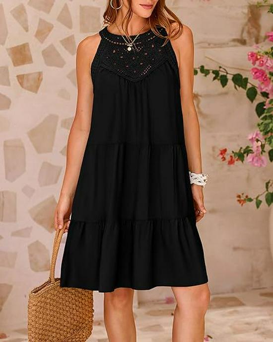 European-American Women's Lace Patchwork Halter A-Line Dress - Spring/Summer 2025 Collection