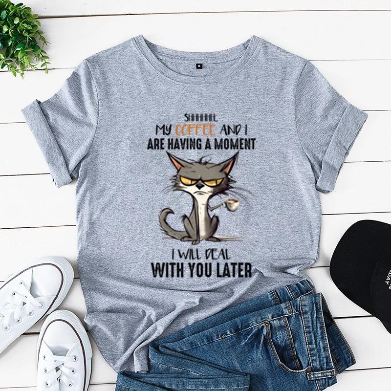 Sommer Kurzarm T-Shirt bedruckt mit Schwarzer Katze Gartenarbeit Lässig Lockeres Oberteil, Modische Reine Baumwoll-T-Shirts Damen