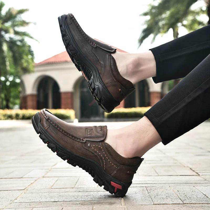 Fashion Handmade Leather Men Shoes Casual Outdoor Slip On Loafers Men Leather Shoes Flats Moccasins Walking Shoes Non-Slip Dropshipping