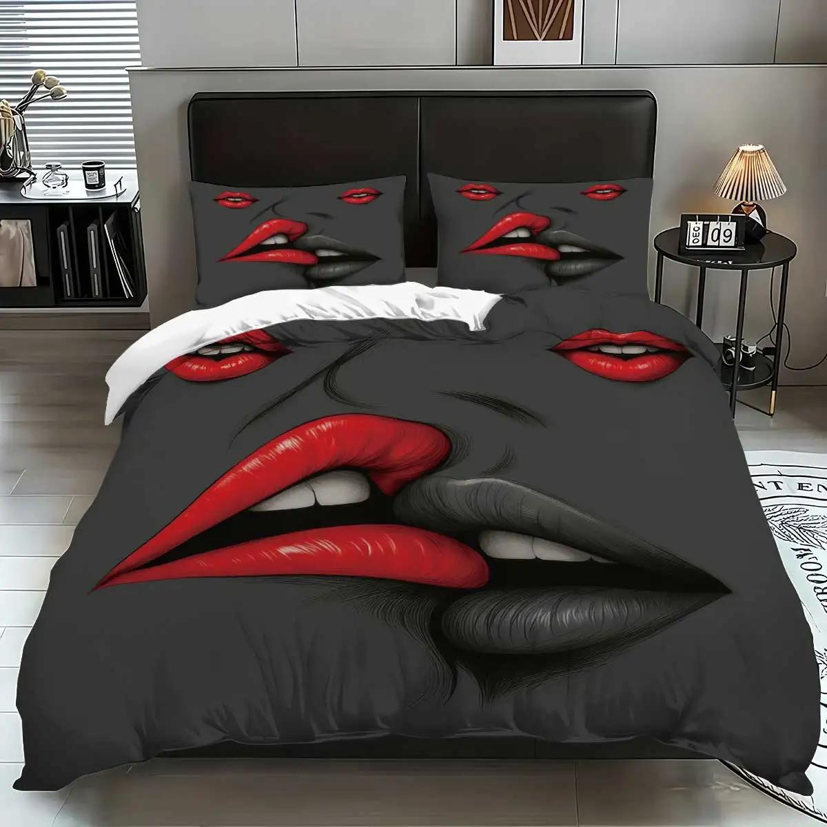 

3pcs Lips pattern printed bedding set1 quilt cover+2 pillowcase suitable for couples and adults bedroom home decoration EU Twin(135x200cm)