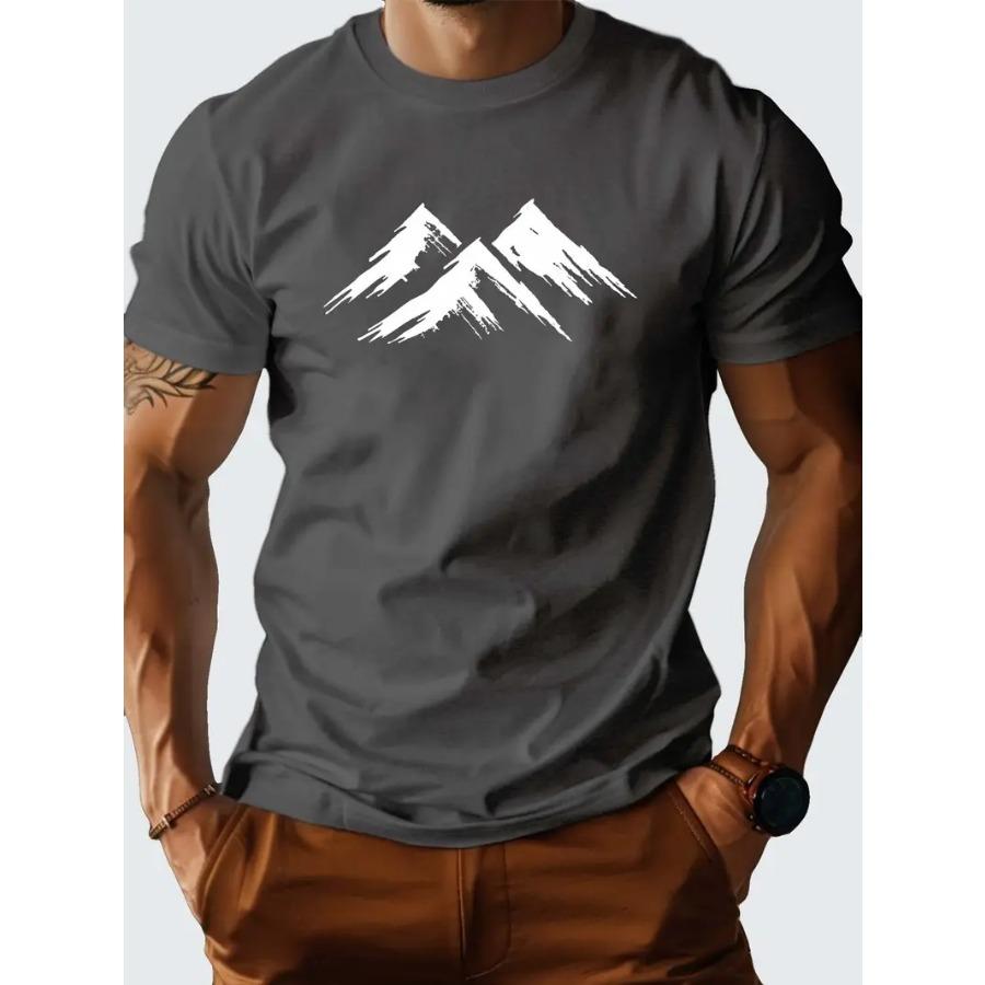 Men's 100% Pure Cotton Mountain Pattern Printed T-shirt, Casual Short Sleeved Round Neck T-shirt, Men Summer Outdoor Clothing