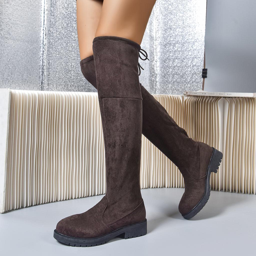 Modne Kozaki za Kolano Plus Size na Grubej Podeszwie na Zimę Nowe Okrągłe Palce Wygodne i Ciepłe Kozaki z Długą Cholewką dla Kobiet