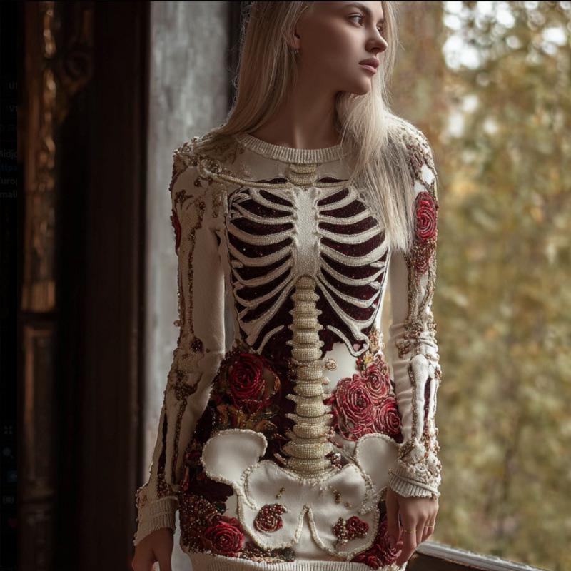 2025 Halloween European & American Street Style 3D Skull Print Short Sleeve Sweater