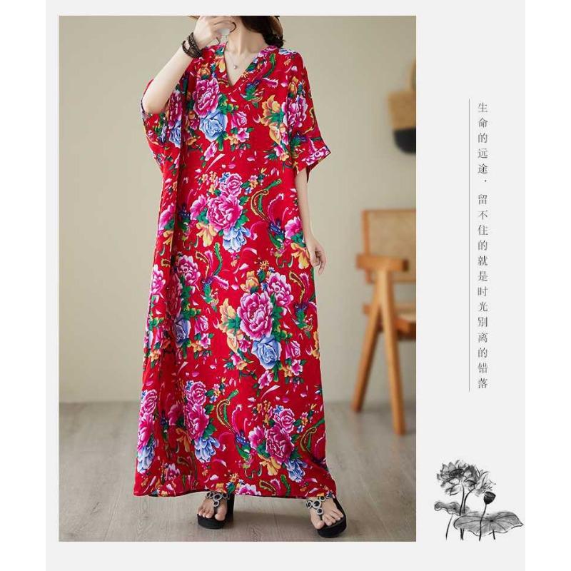 Summer V-neck Cotton Silk Large Size Loose Literary Vacation Style Beach Dresses