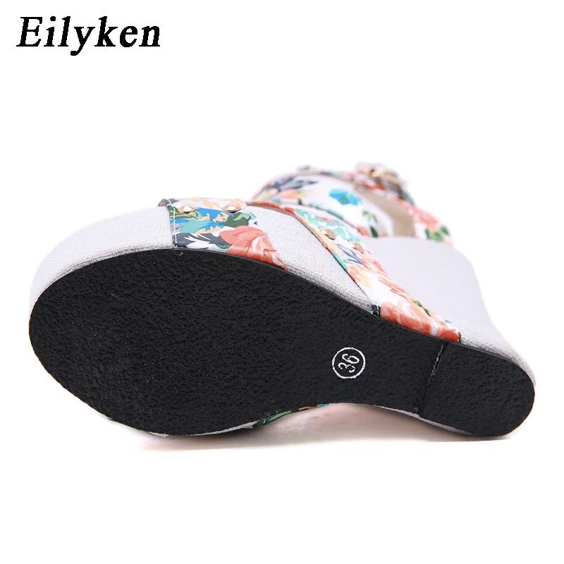 Fashion Eilyken Summer Fashion Wedge Platform Sandals Woman Buckle Strap Silk Printed Sexy Female Party Casual Shoes