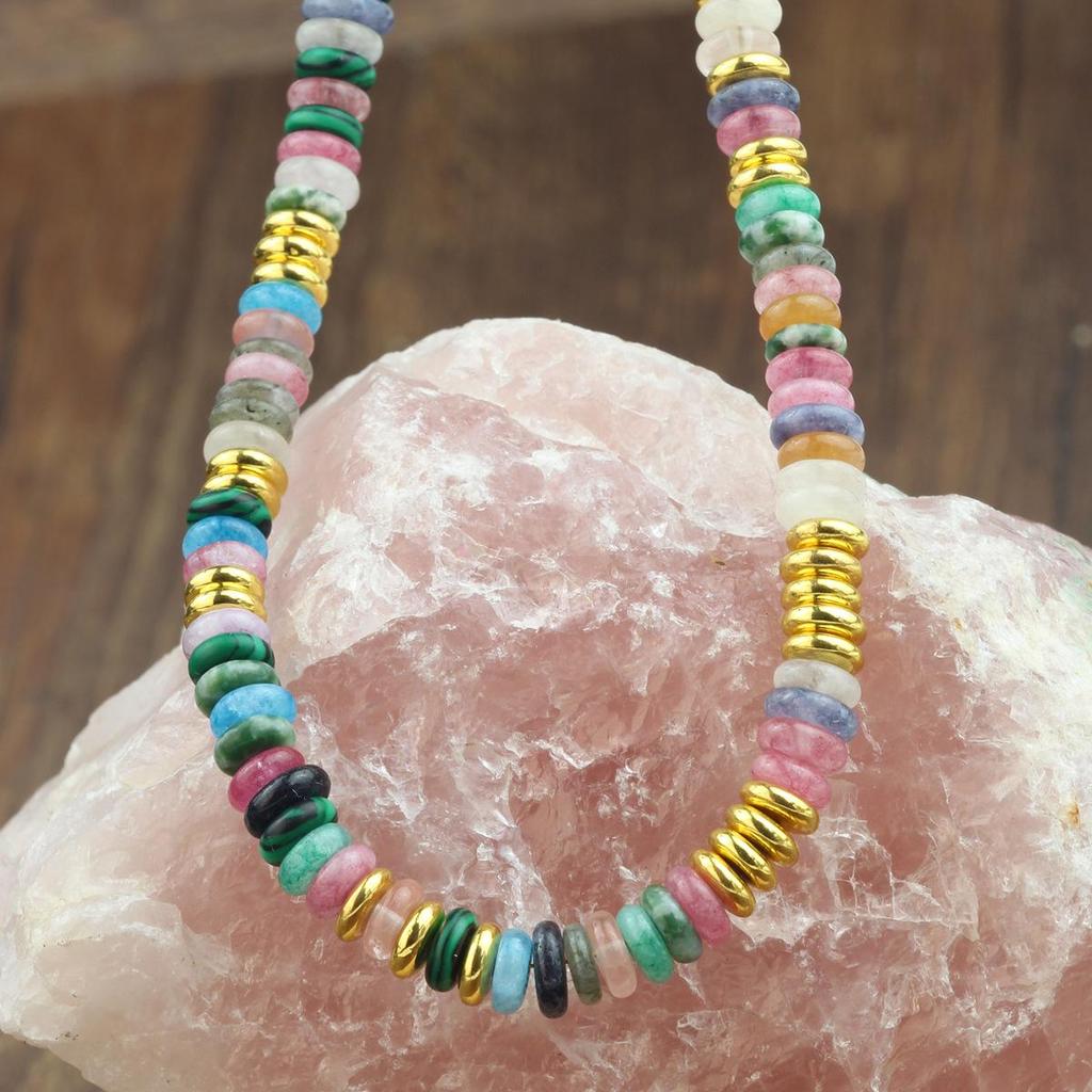 Dopamin High-End Buntes Frisbee Halsketten- & Armband-Set mit Naturstein