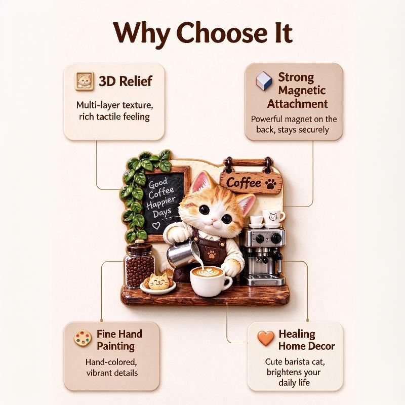 Cute 3D Embossed Cat Barista Fridge Magnet Strong Magnetic Back Vivid Details For Kitchen Decor Cat Lover Gifts