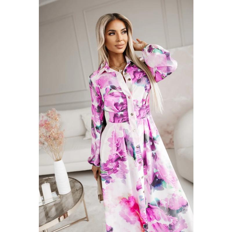 Elegant Women's Long Sleeve Floral Print Shirt Collar Midi Dress, Autumn Party Loose Belted Dress Casual Fashion with Lantern Sleeve Button Clothing