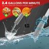 Portable fuel pump with automatic transfer and auto-stop. Comes with a 51-inch hose,  and pumps 9.08 liters per minute.