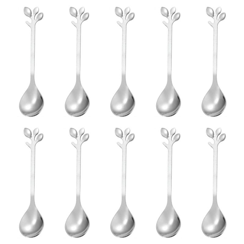 

10Pcs 12cm Leaf Design Stainless Steel Fruit Dessert Spoon/Fork, Silver (BPA Free, No FDA) B