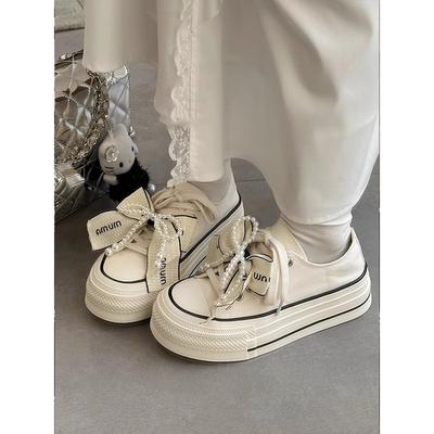 Bow Beaded Little White Shoes Women's 2025 New Muffin Thick-soled Round Head Lace-up Comfortable Casual Canvas Shoes