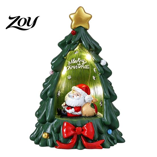 Christmas Tree Figurine with Lights Resin Ornament Warm LED Lights, Festive Tabletop Decor for Holiday Home Fireplace Office Decoration, Santa