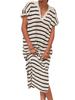 Women's Striped Knit Maxi Dress V Neck Collar Short Sleeve High Slit Beach Dress Plus Size