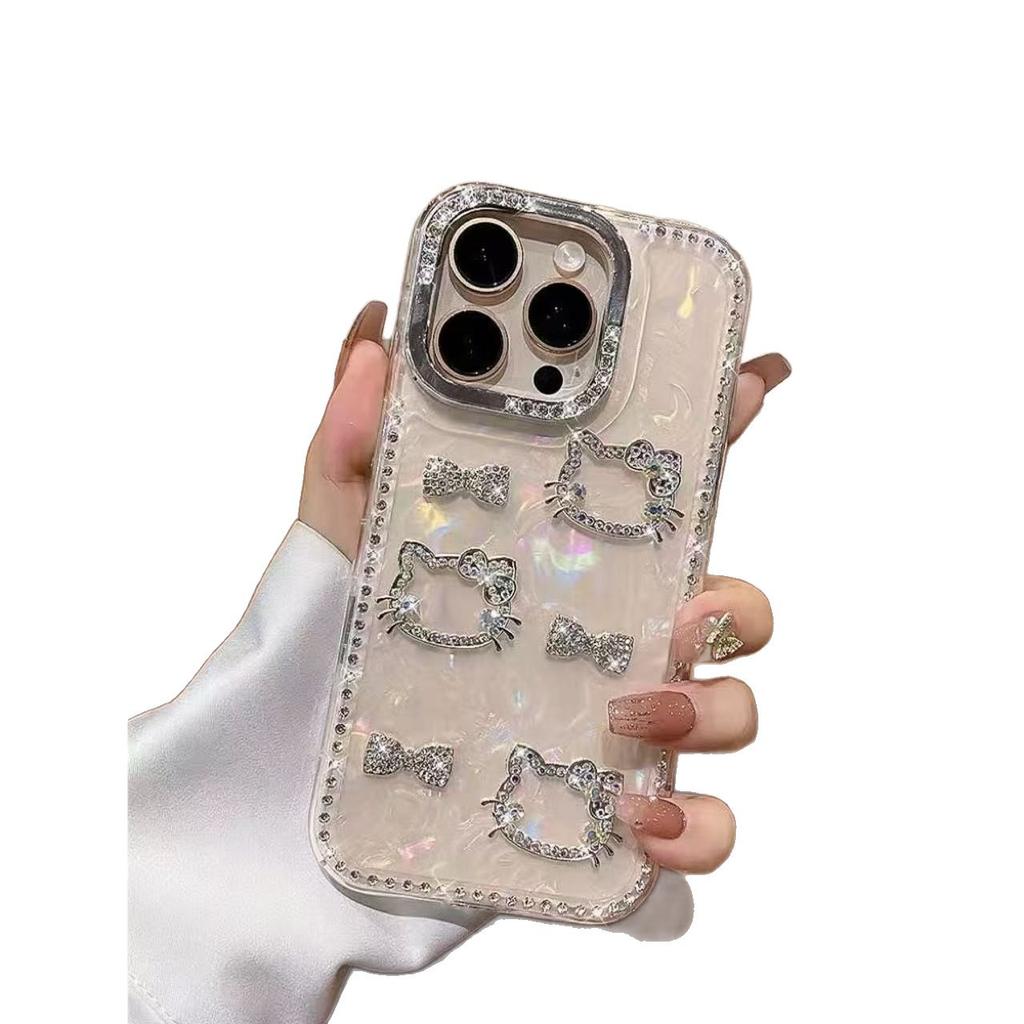 Rhinestone Three-dimensional Bow Kt Cat Shell Pattern for iPhone16promax Apple 15 Mobile Phone Case 14 New Models
