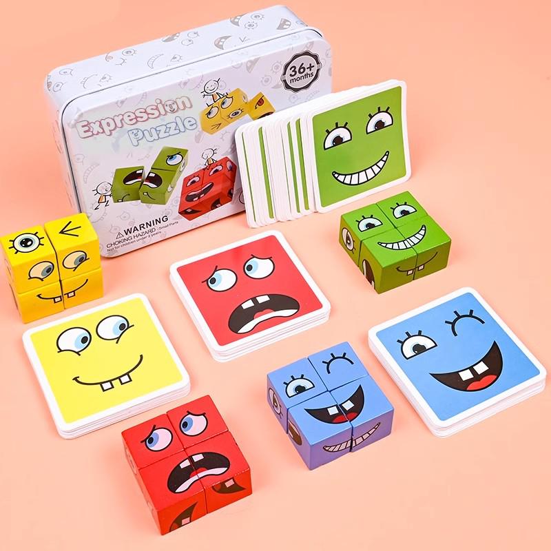 Kids' Expression-Changing Magic Cube Puzzle: Wooden Parent-Child Early Education Toy