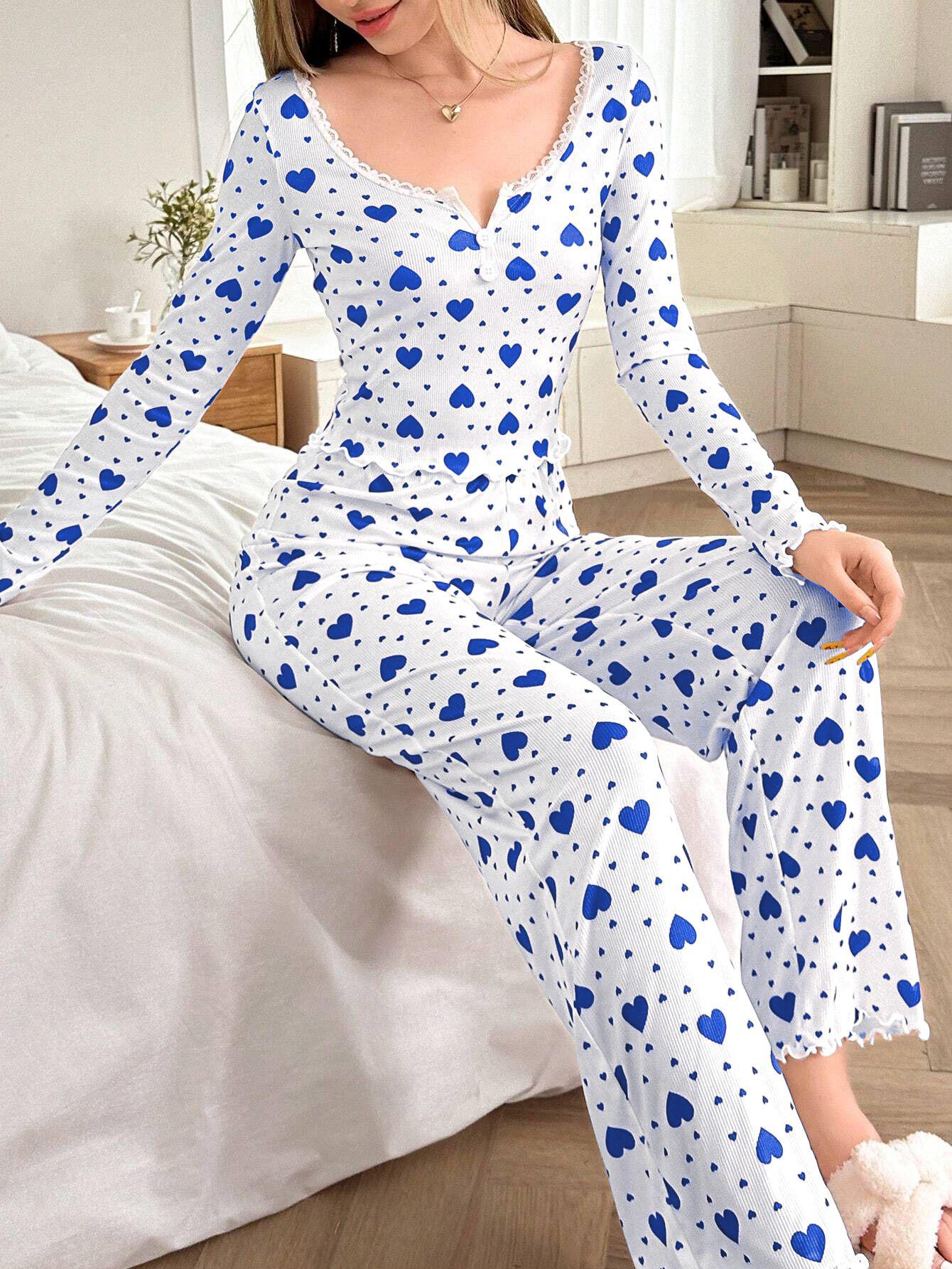 

Heart Pattern Long Sleeve Pajama Set for Women - Wearable Outside, European & American Style Large синій