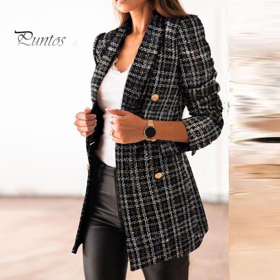 Winter Coat Women Autumn Blazer Lapel Cardigan Long Sleeves Double-breasted Slim Fit Lady Warm Casual Thick Plaid Print for Work