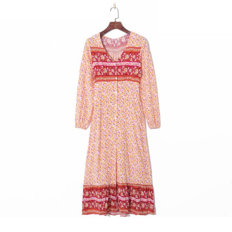 

Осень 2023 Женская одежда K-стиль Свежий принт Элегантный V-образный вырез Однобортное Завышенная талия Шнуровка Приталенное Платье с длинными рукавами Pink Print S