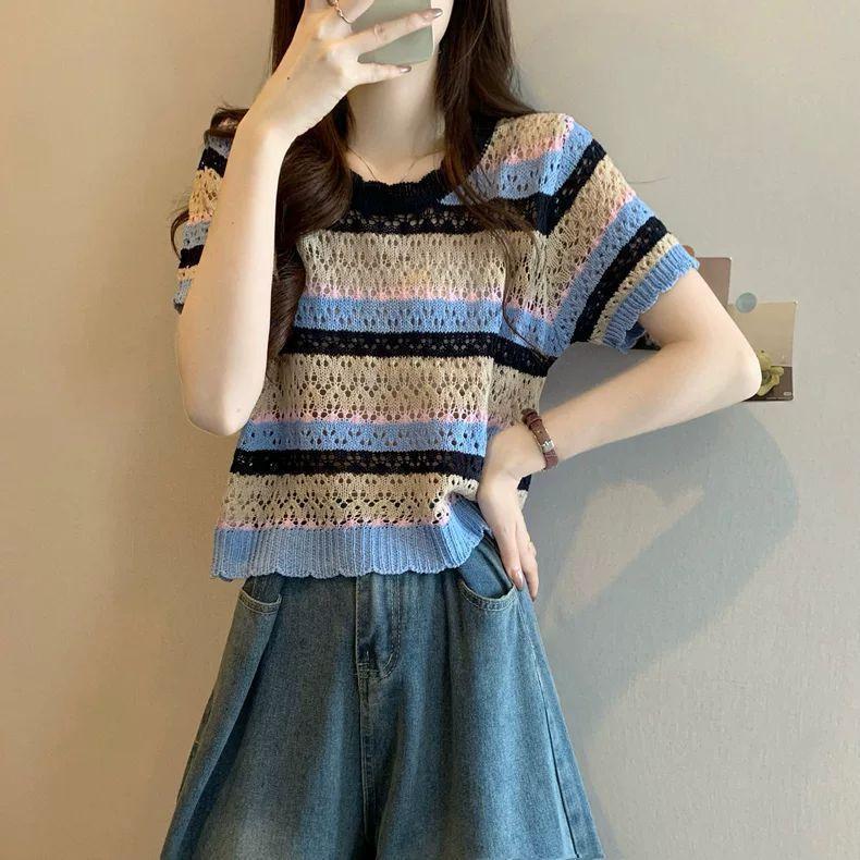 Hollow Out Color Striped Short Sleeved Knitted Sweater for Women French Style Slimming Top