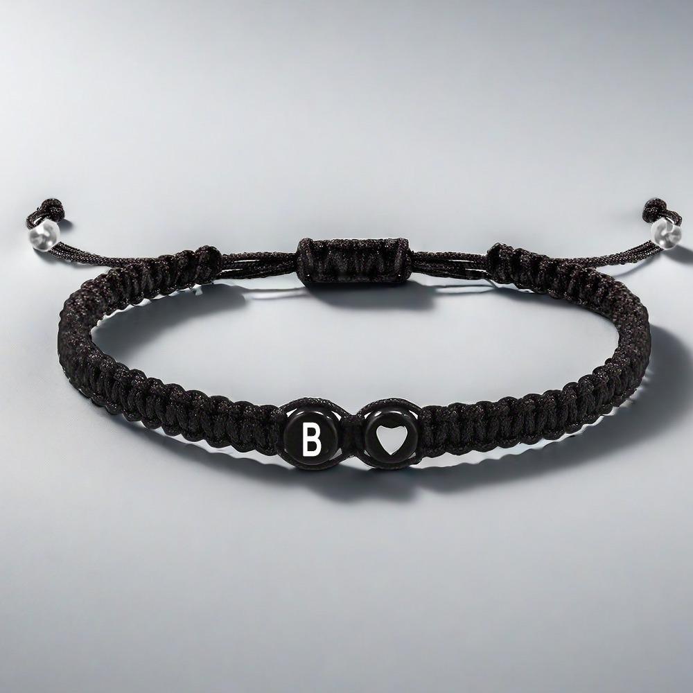 Adjustable Hand-woven Bracelet: Black with White Letter, Heart, Silver Bead - Choose from 26 English Alphabets.