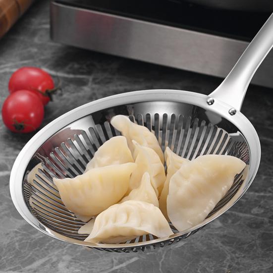 Stainless Steel Deep Skimmer with Long Handle Heavy-Duty Slotted Spoon for Dumplings Noodles Frying Rust-Proof Dishwasher Safe Essential Kitchen Tool