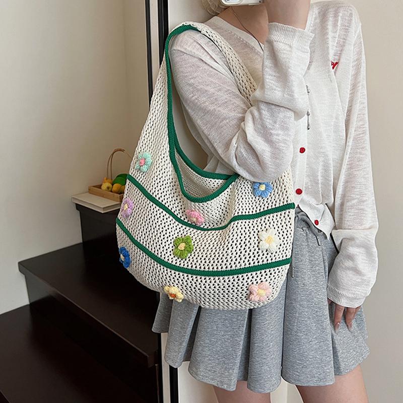 Fashion Knit Beach Bag for Women Large Capacity Summer Tote with 3D Floral Decor Girls Casual Shoulder Handbag Travel Bags KTB