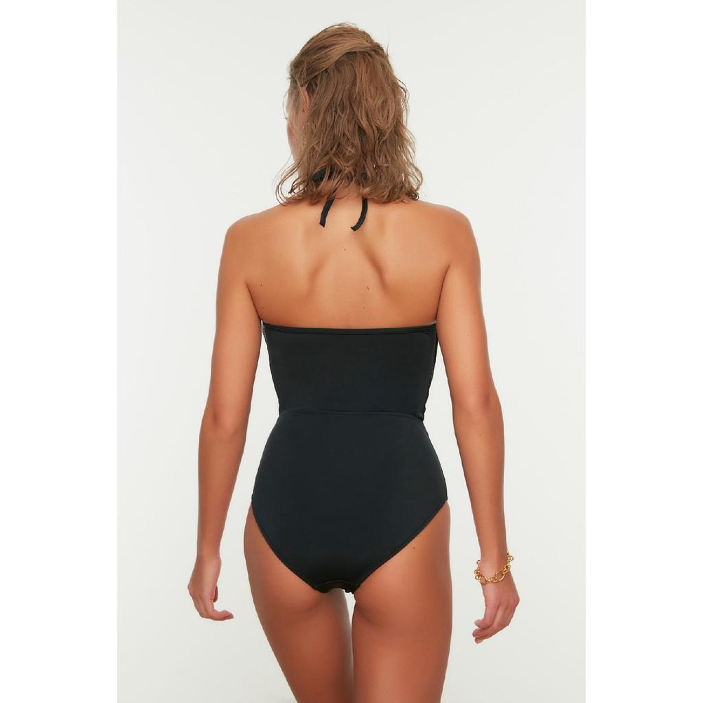 Black Halter Neck Tulle Detailed Swimsuit Tbess20ma0035