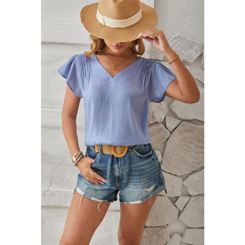 Summer Women's T-shirt V-neck Fashion Petal Sleeve Loose Top