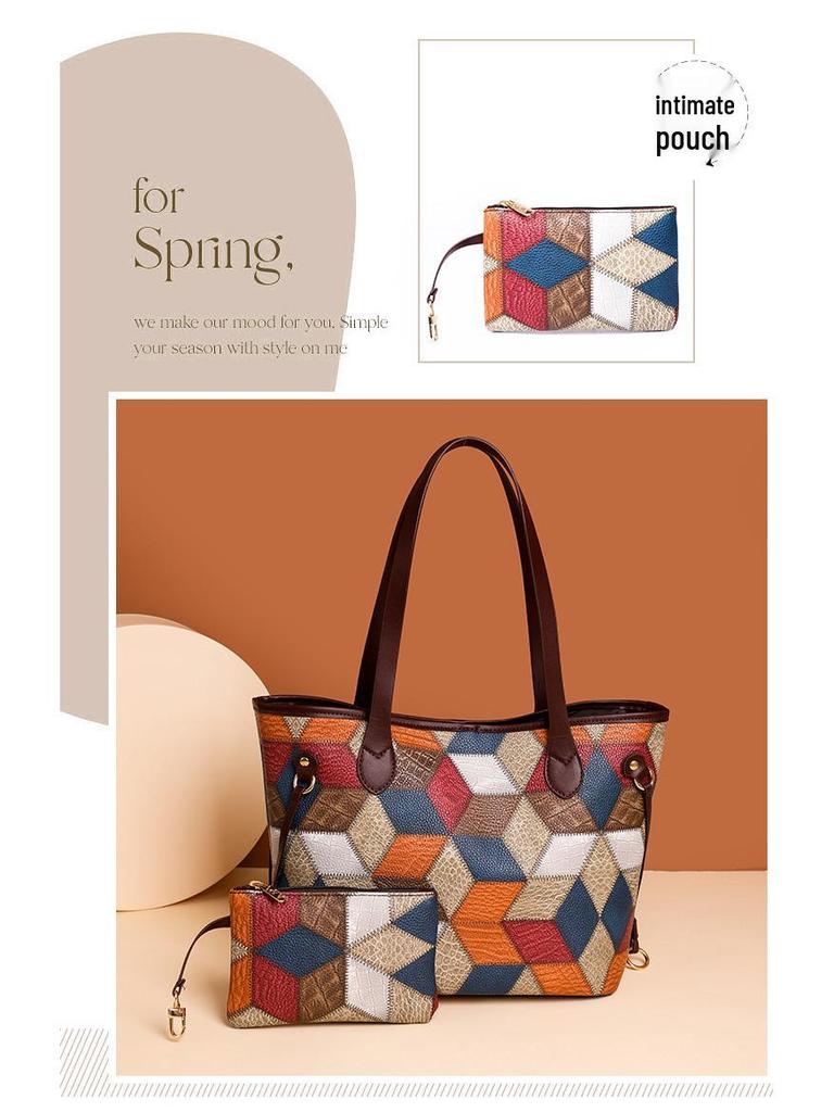 Cross-Border Patchwork Color-Block Tote: Large Capacity 3D Handbag for Moms