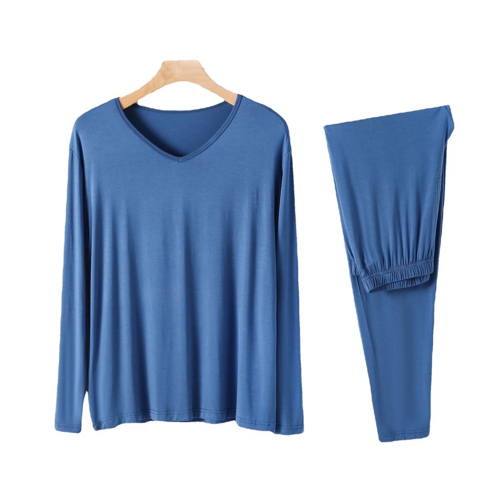 Modal Mens Homewear Pajamas V-neck Long Sleeve Pants Kit Draping Smooth Elastic Comfortable Sleepwear Pyjama Homme