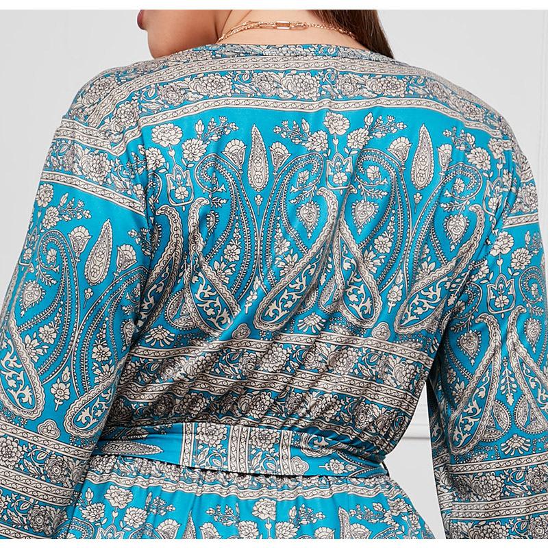 Spring and Autumn Women's Dress Plus Size Loose Women's V-Neck Long Dresses Vintage Temperament Printed Dresses