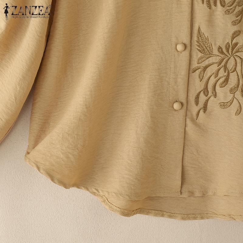 ZANZEA Women Casual Stand Collar Loose Long Sleeve Embroidery Blouse