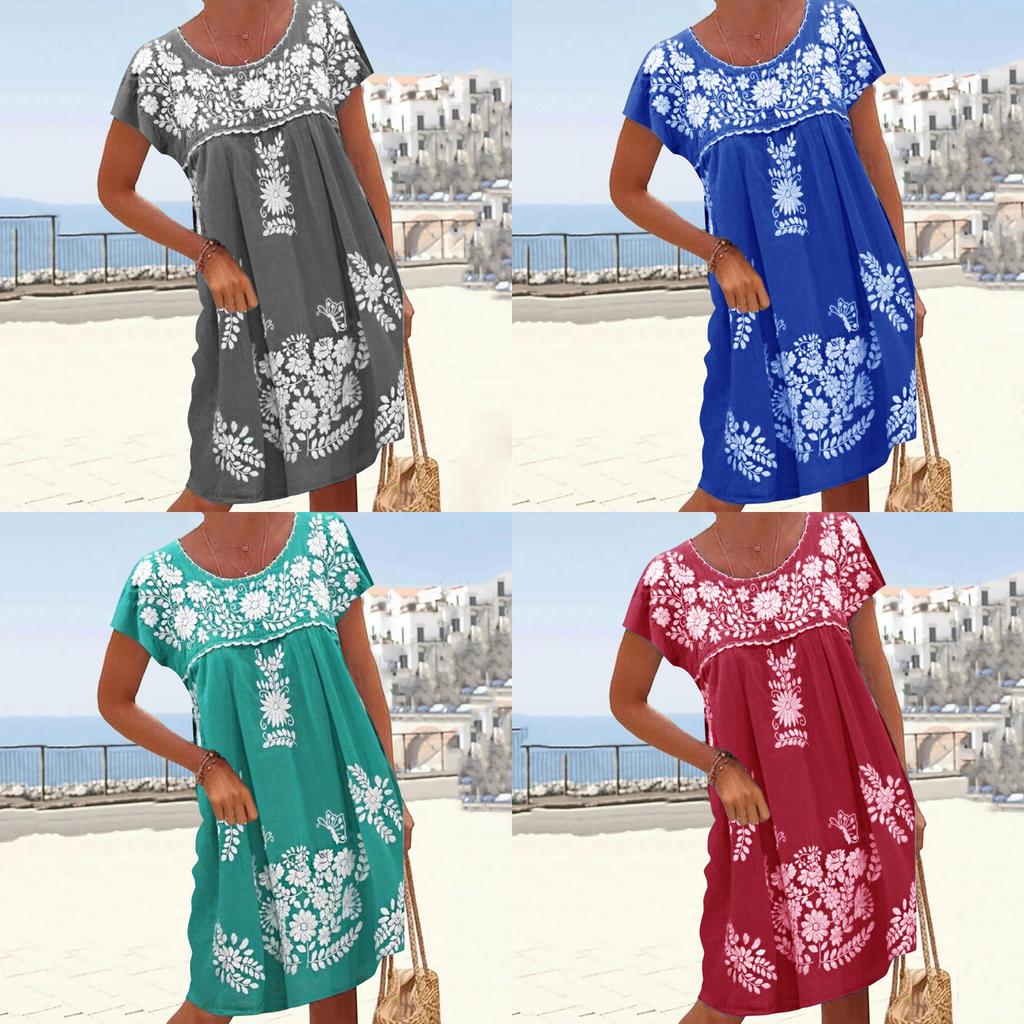 Ethnic Style Short Sleeve Floral Print A Line Dress For Summer Casual Wear