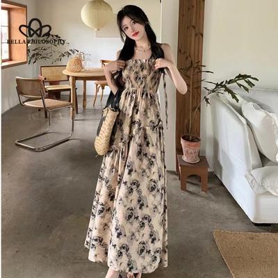 Elegant Stunning Sling Long Dress Summer New Holiday Style Super Fairy Mori Floral Sling High Waist Dress