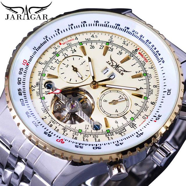 JARAGAR Flying Series Golden Bezel Scale Dial Design Stainless Steel Mens Watch Top Brand Luxury Automatic Mechanical Watch