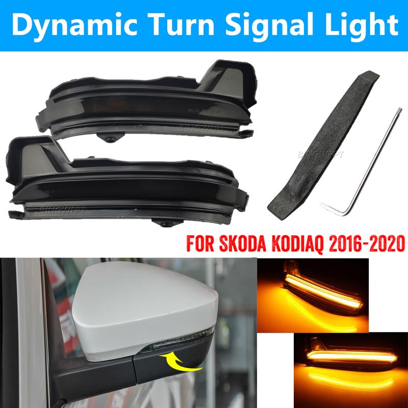 2X Car Yellow Flowing Water Side Lights For Skoda KODIAQ 2016-2020 Dynamic LED Rearview Mirror Streamer Turn Signal Lights