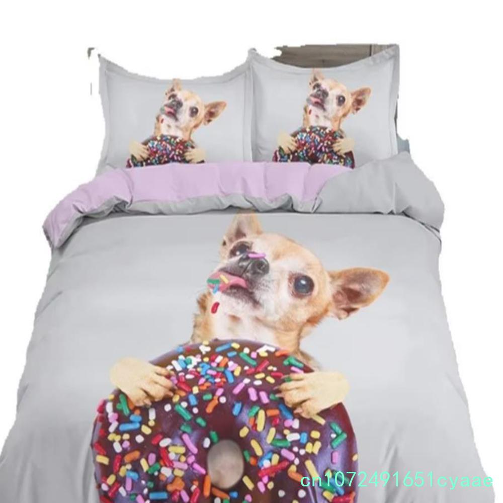 Animal Pet Duvet Cover Set Cute Dog Hugging Donut Bedding Set For Kids 3D Dog Comforter Cover Soft Polyester Quilt Cover