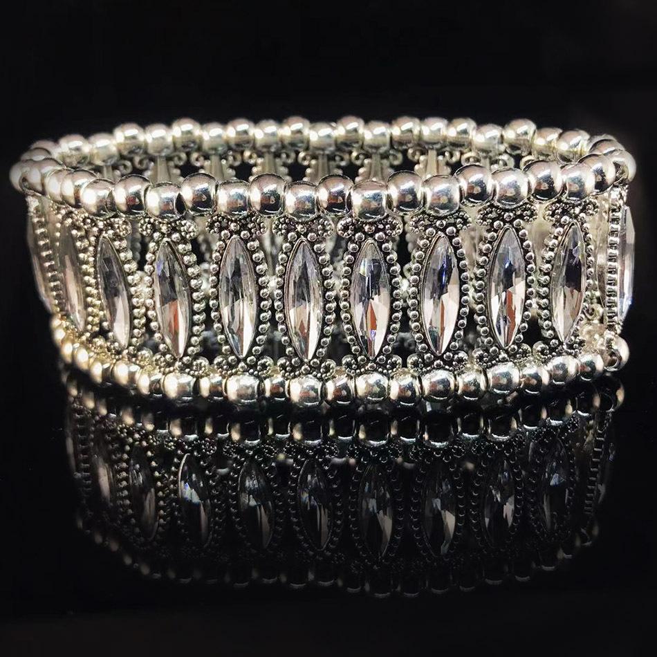 European and American women's bracelet retro inlaid with rhinestones elastic wide bracelet literary retro style