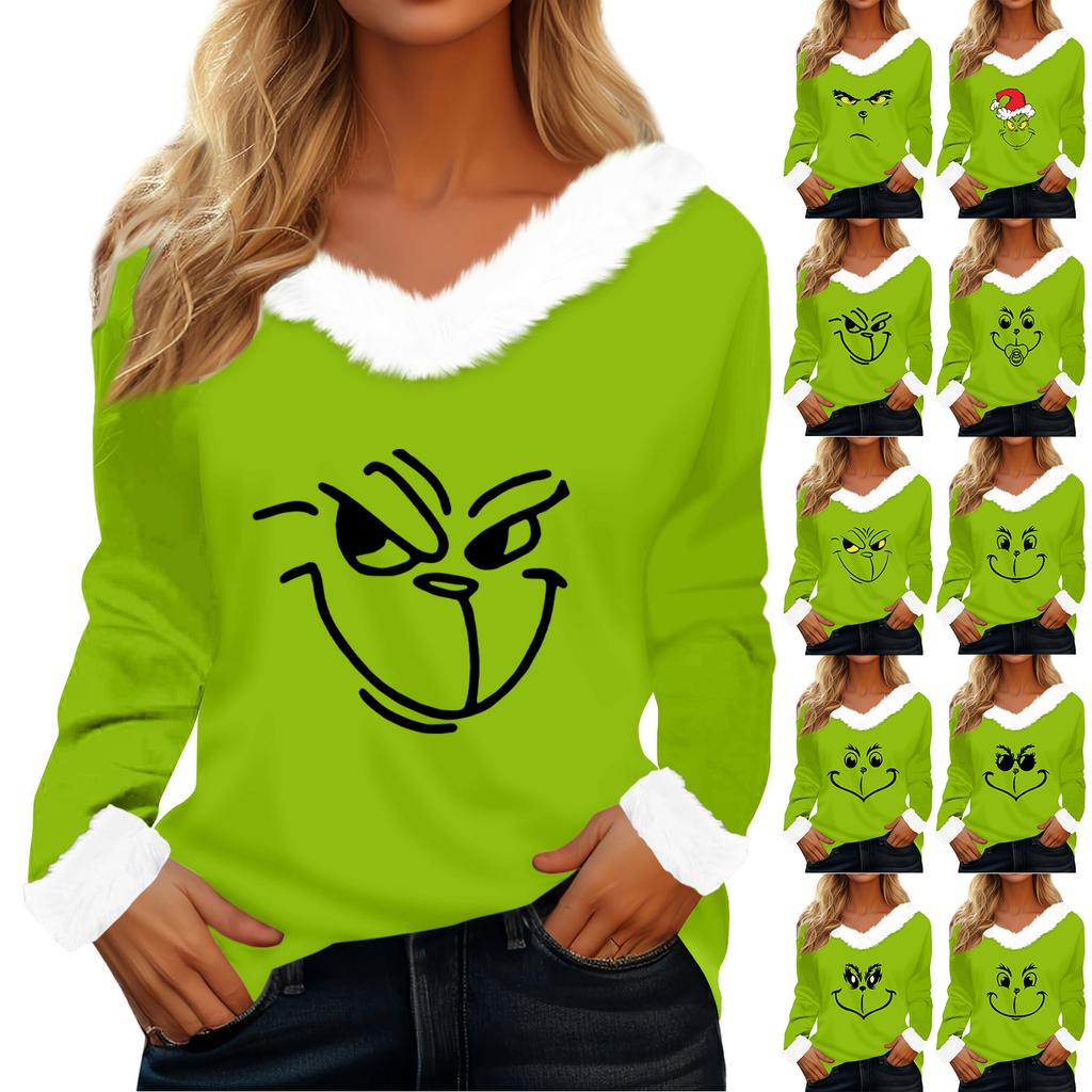 Women's T Shirt Tee Christmas Shirt Long Sleeve Party Christmas Print Fleece Collar V Neck Top