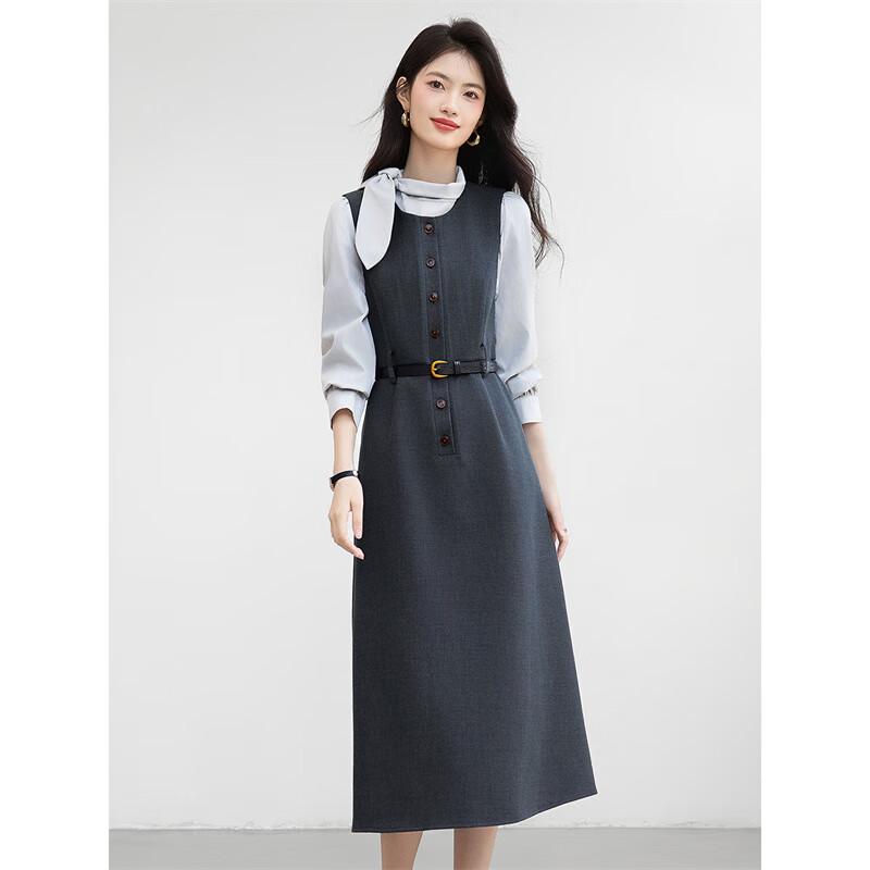 Elegant Bow-Neck Shirt & Suspenders Skirt Set