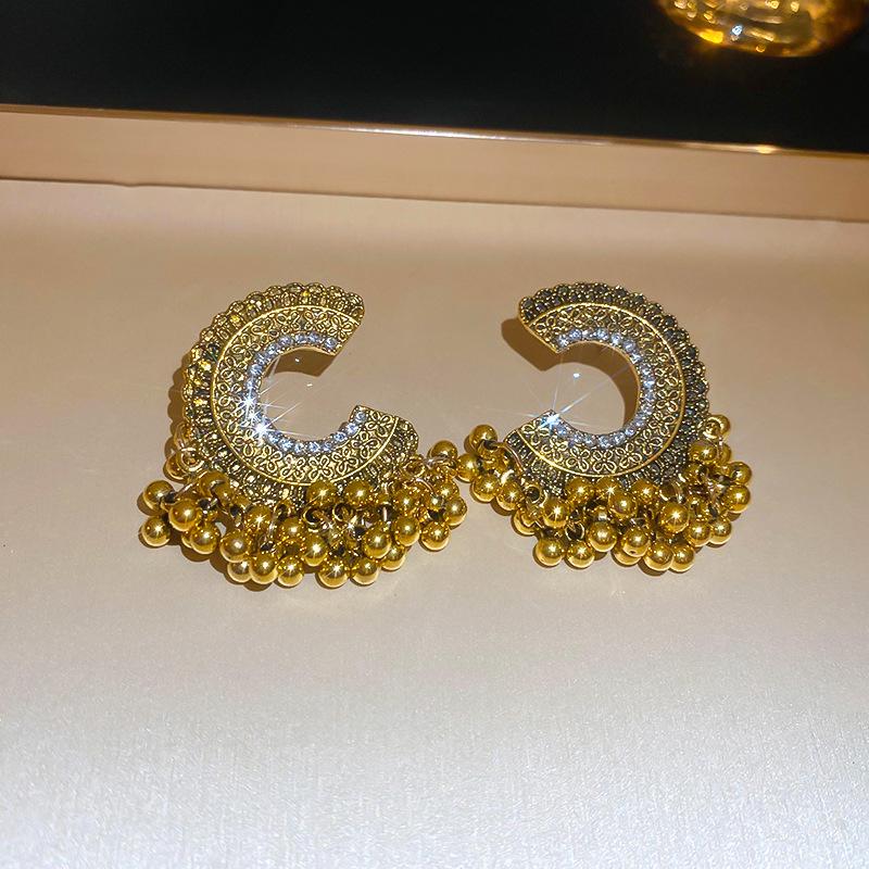 Silver Needle Diamond-Inlaid Acrylic Tassel Earrings: Luxurious Ethnic Style Studs for Women