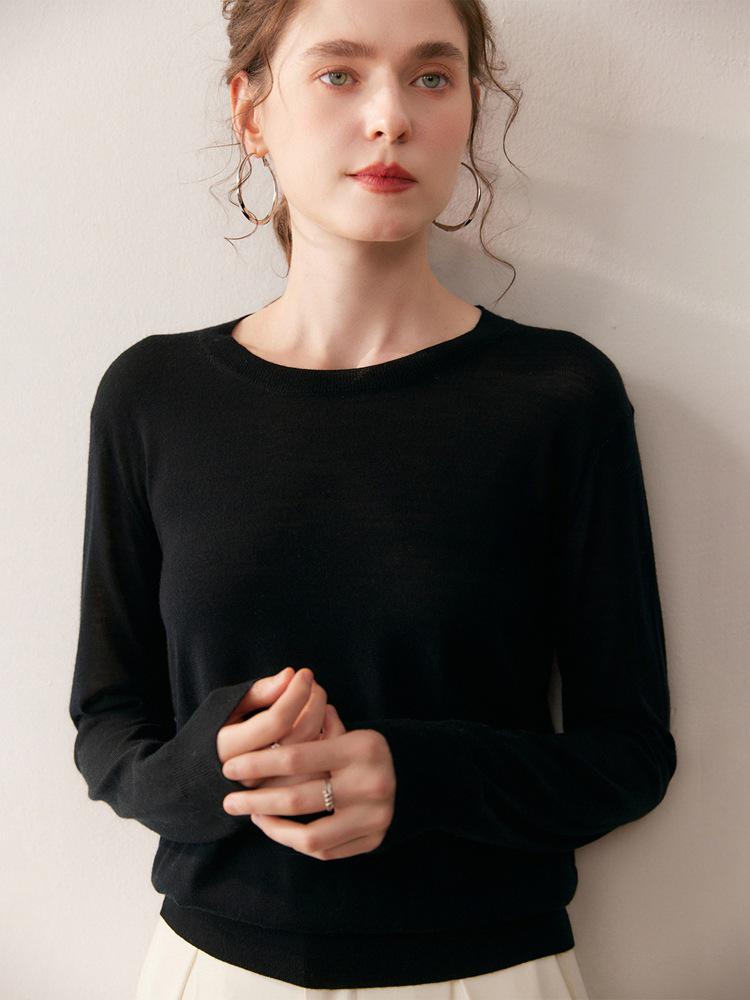 Women's Pure Wool Round Neck Knit Sweater - Autumn/Winter Base Layer