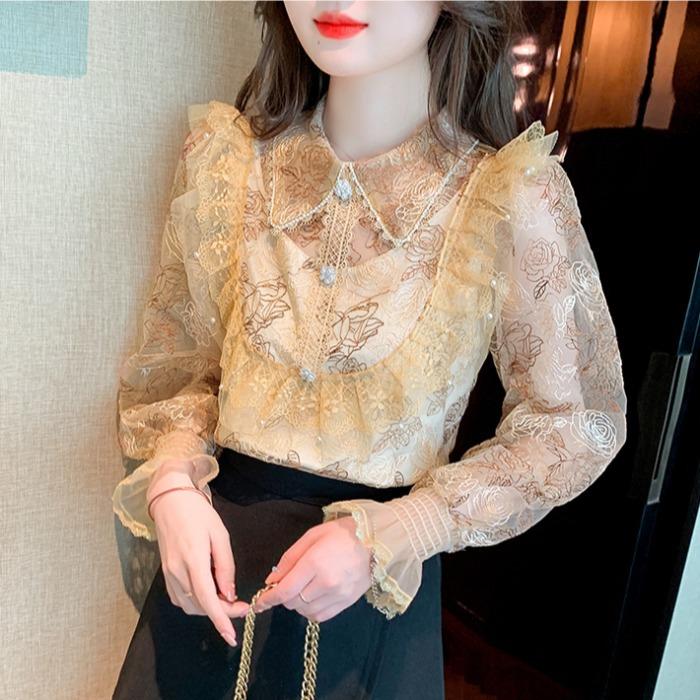 

Новая зимняя рубашка с французскими рукавами-фонариками, женский дизайнерский топ с воротником-куклой и кружевным шиком XL