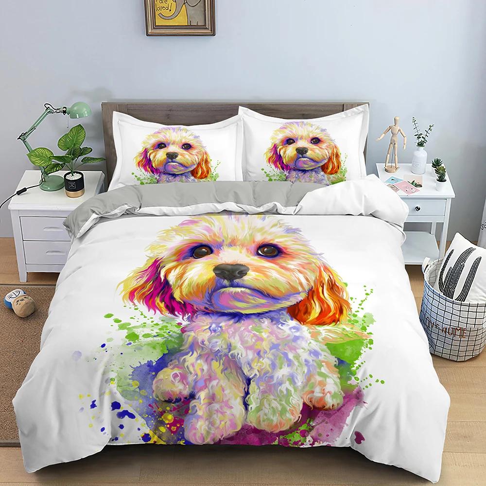 Watercolor Dog Bedding Set Cute Happy Colorful Puppy Duvet Cover Cartoon Bedding Decoration Queen for Women Children Girls Gift