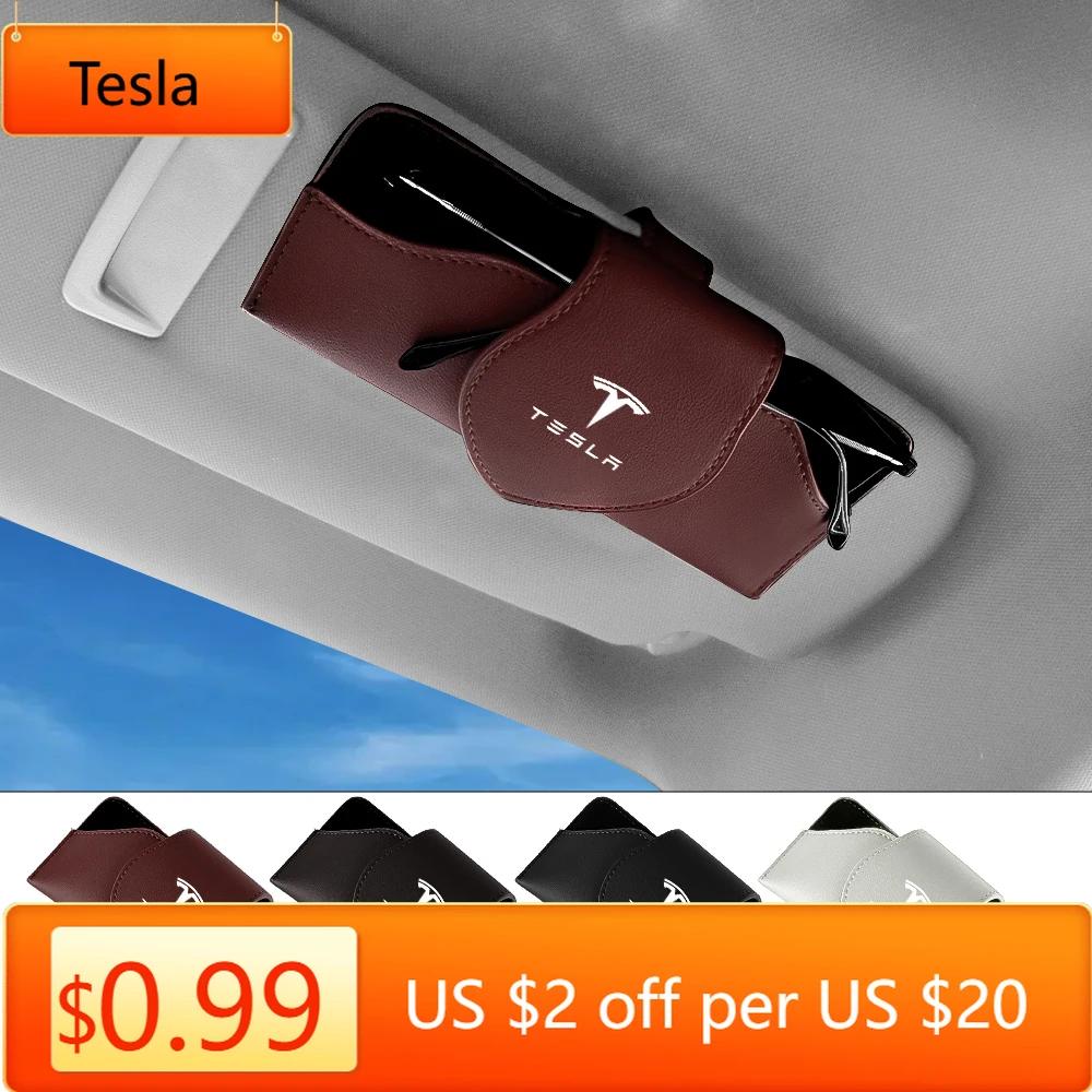 Car Sticker Tesla Car Glasses Clip Sun Visor Sunglasses Leather Storage Case For Tesla Model 3 Y S X Roadster Cybertruck Juguete