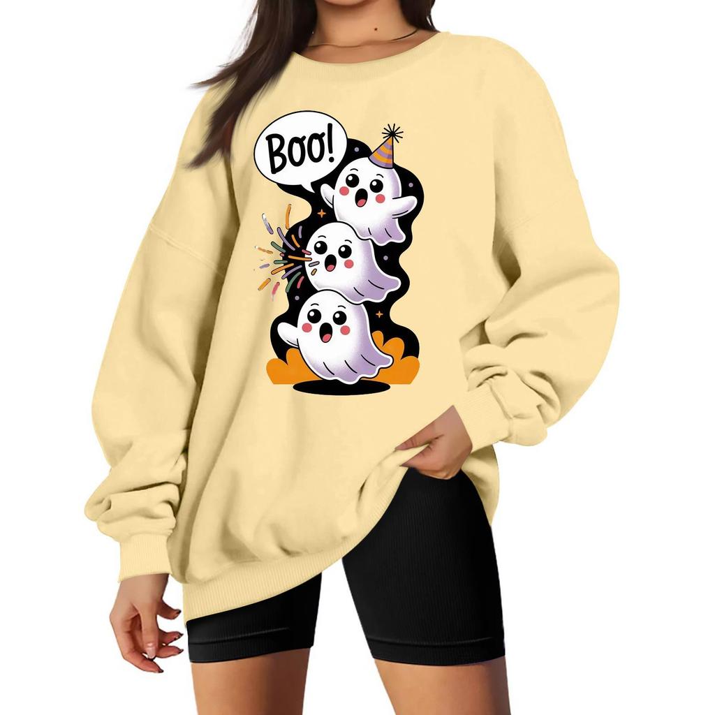 Women's Long Sleeve Neck Sweatshirt Loose Fit Casual Pullover Top with Small Halloween Print